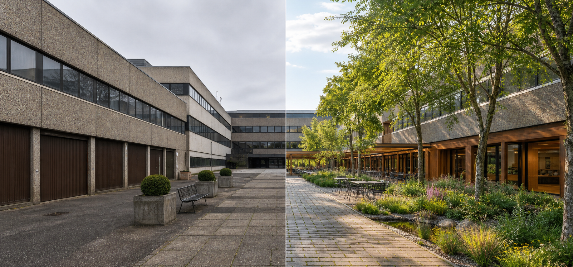 Patio de oficinas antes y después de incorporar vegetación