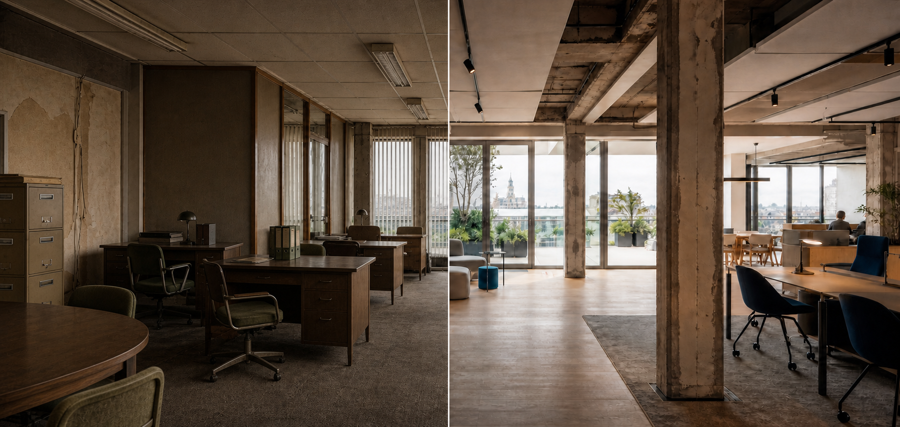 Interior de oficina anticuado antes y después de la transformación